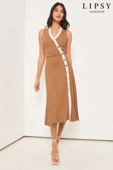 Lipsy Camel Sleeveless Ribbed Pleated Knitted Dress (K38135) | £58
