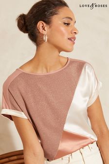 Love & Roses Pink Colourblock Roll Sleeve Round Neck T Shirt (K38225) | £26