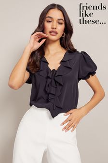 Chocolate & Sweets Black Ruffle Front Puff Sleeve Blouse (K38262) | £30