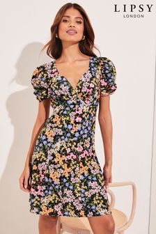 Lipsy Black Floral Print Sweetheart Puff Sleeve Mini Dress (K38818) | £48