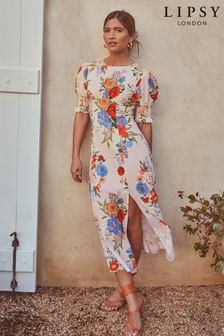 Lipsy Floral Puff Sleeve Underbust Split Midi Dress (K39304) | £58