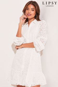 Lipsy White Broderie Belted Long Sleeve Mini Shirt Dress (K39305) | £56