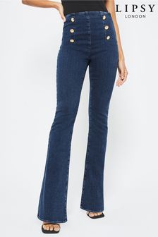 Lipsy Blue Military Button High Waist Military Button Flare Jeans (K41336) | £49