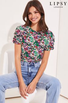 Lipsy Pink Ditsy Floral Ruched Sleeve Top (K41509) | £26