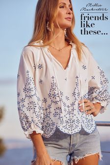 Friends Like These White Broderie Tie Neck Puff Sleeve Top (K41688) | £37
