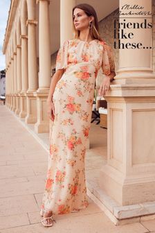 Friends Like These Pink Floral Chiffon Flutter Sleeve Maxi Dress (K41741) | £55