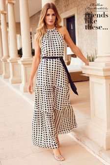Friends Like These Black/White Spot Halter Neck Tiered Maxi Dress (K41742) | £52