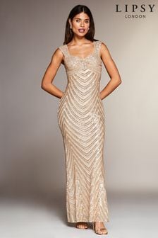 Lipsy Gold Premium Placed Sequin Knot Bust Maxi Dress (K42602) | £155