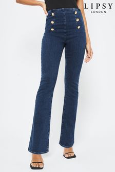 Lipsy Blue Military Button Petite High Waist Military Button Flare Jeans (K42758) | £49