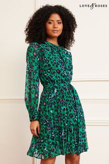 Love & Roses Green Leopard Regular Pleated Belted Long Sleeve Mini Dress (K42786) | £58