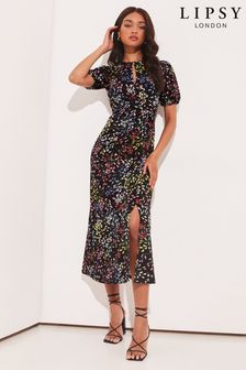 Lipsy Black Floral Jersey Short Sleeve Keyhole Ruched Midi Dress (K43363) | £48