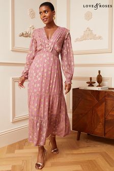 Love & Roses Pink Star Metallic V Neck Ruffle Long Sleeve Midi Dress (K43914) | £65