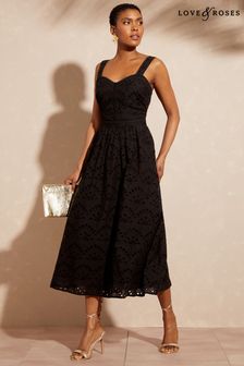 Love & Roses Black Broderie Fit And Flare Cami Midi Dress (K43915) | £62
