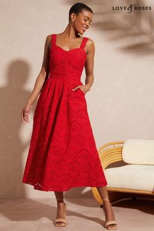 Love & Roses Red Broderie Fit And Flare Cami Midi Dress (K43916) | £62