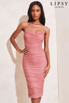Lipsy Nude Ruched Mesh Midi Dress (K45027) | £76