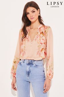 Lipsy Pink Floral Long Sleeve Collared Button Blouse (K45129) | £39