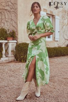 Lipsy Green Print Short Puff Sleeve V Neck Twist Front Midi Dress (K46981) | £62