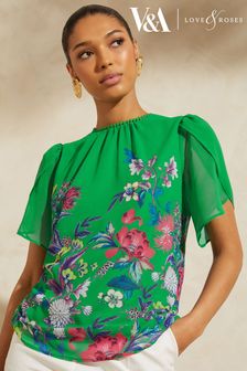 Love & Roses Green Floral Tulip Sheer Sleeve Lace Trim Blouse Top (K47906) | £38