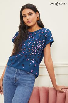 Love & Roses Cobalt Leopard Roll Sleeve Round Neck T Shirt (K47915) | £26
