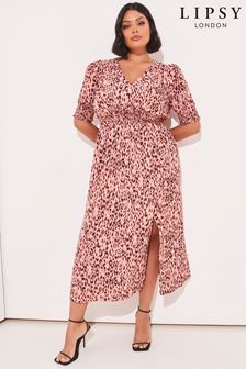 Lipsy Pink Animal Curve Shirred Puff Sleeve V Neck Split Midi Dress (K49150) | £48
