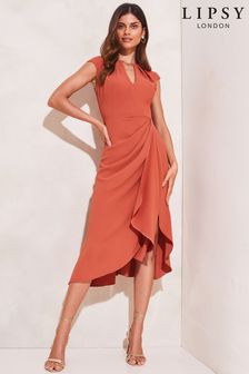 Lipsy Orange Short Sleeve Keyhole Drape Midi Dress (K52553) | £68