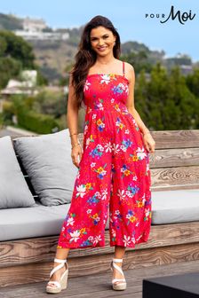 Pour Moi Red Tropical Shirred Bodice Culotte Jumpsuit (K53621) | £42