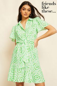 T-Shirts & Tops Green Printed Belted Short Sleeve Shirt Dress (K53848) | £39