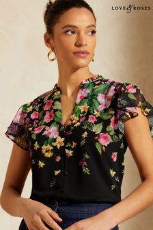 All Sports Equipment Black Floral Printed Ruffle V-Neck Flutter Sleeve Button Up Blouse (K54780) | £35