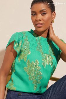 Love & Roses Green Jacquard Ruffle Short Sleeve Shell Top (K54783) | £38