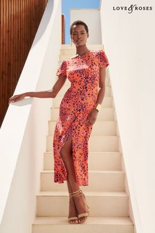 Love & Roses Orange Animal Printed Short Sleeve Empire Midi Dress (K55121) | £45