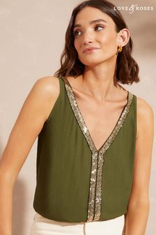Love & Roses Khaki Green Sequin V Front V Back Woven Vest (K55155) | £32