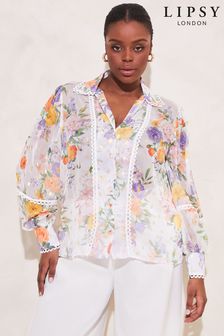 Lipsy White Floral Print Curve Gold Foil Trim Front Button Up Blouse Shirt (K55239) | £45