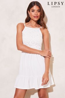 Lipsy White Halter Crochet Bodice Ruffle Hem Mini Dress (K57774) | £39