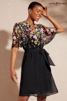 Love & Roses Black Floral Frill Neck Printed Belted Mini Dresss (K61174) | £56