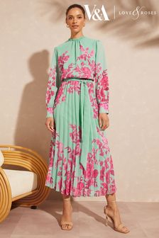 Love & Roses Blue and Pink Floral Print Ruffle Neck Pleated Long Sleeve Midi Dress (K62141) | £75