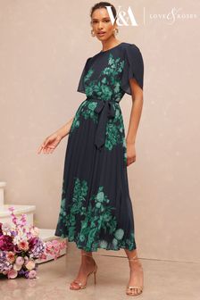 Love & Roses Blue and Pink Floral Petite Print Ruffle Neck Pleated Long Sleeve Midi Dress (K62168) | £75