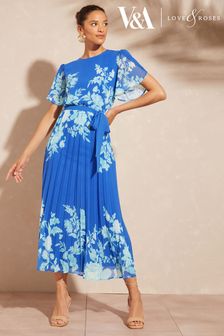 Love & Roses Blue Floral Placement Printed Tulip Sleeve Belted Pleated Midi Dress (K64270) | £74
