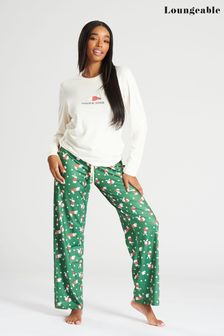Loungeable Green Christmas Festive Print Super-soft Long Sleeve Top with Printed Trousers (L04648) | £22