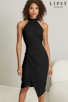 Lipsy Black Petite Halter Neck Asymmetric Bodycon Dress (L11497) | £62