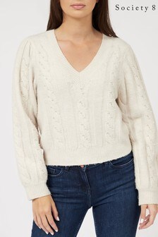 Society 8 Ladies Slouchy V Neck Crop Jumper With Pearl Detail