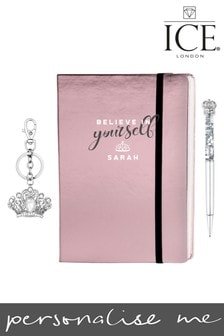 Personalised Metallic Notebook with Crown Pen and Keyring Set by Ice London