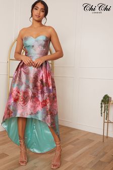 Chi Chi London Pink Strapless Printed Dip Hem Dress (L45860) | £106