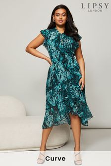 Lipsy Green Multi Curve Printed Keyhole Fit and Flare Midi Dress (L84241) | £70