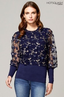 HotSquash Blue Blouson Sleeved Embroidered Top