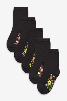 Older Girls Trainer Socks 5 Five Pack Black With Patterned Soles UK Adult 4-8 