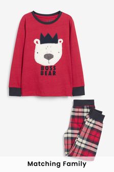 Red Boss Bear Check Matching Family Kids Christmas Pyjamas (3-16yrs) (M08248) | £15 - £20