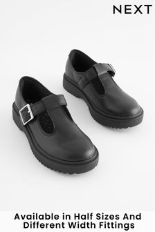 GIRLS BUCKLE MY SHOE CHUNKY BLACK LEATHER T BAR SCHOOL SHOES SIZES 13-6 