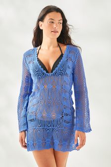 Cobalt Blue Long Sleeved Crochet Summer Dress (M14480) | £36