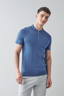 Blue Knitted Zip Polo Shirt (M19096) | £24