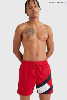 Tommy Hilfiger Mens Red Solid Flag Swim Shorts